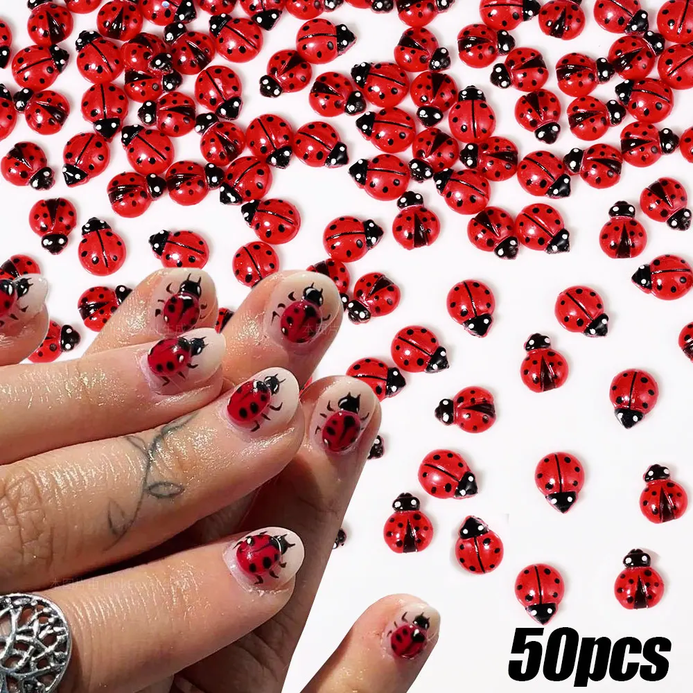 50Pcs 3D Resin Red Ladybug Nail Charms 8*10mm Flatback Cute Insect Nail Art  Summer Ladybug Manicure Decoration DIY Craft T5R4%