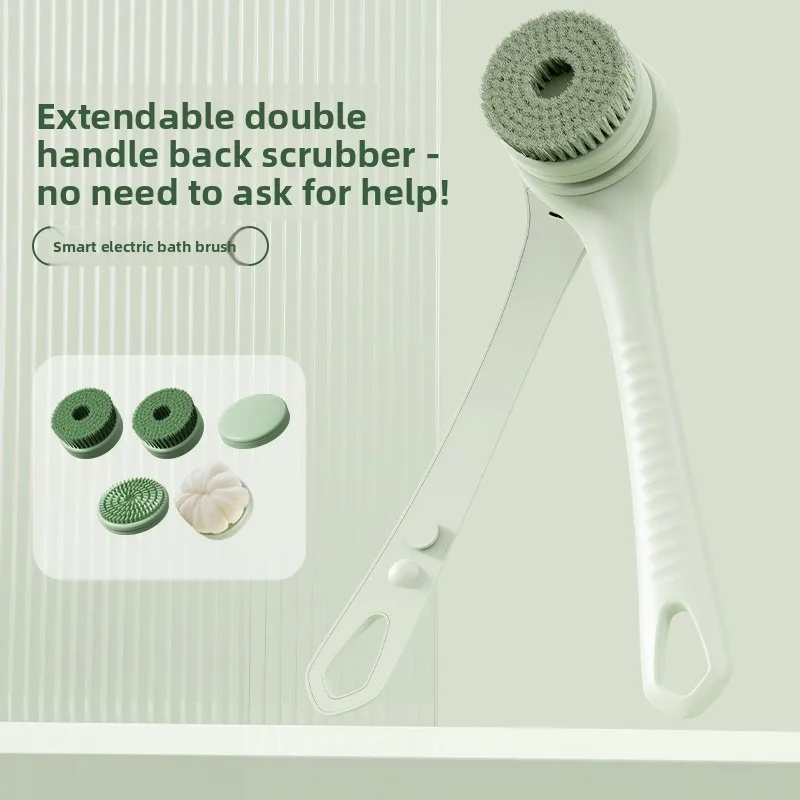 Electric Body Brush 4 Heads Waterproof Long Handle Shower Back Scrubber USB Rechargeable Exfoliating Bath Cleaning Brush