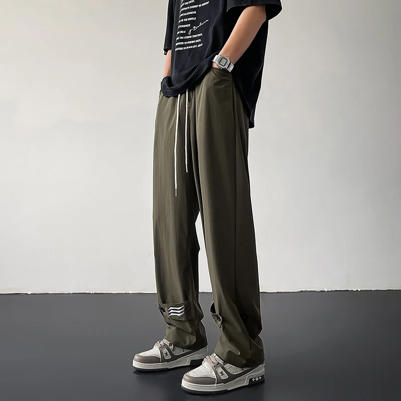 

Мужские летние тонкие широкие брюки из ледяного шелка в стиле милитари, быстросохнущие, прямого кроя, свободные, спортивные, длинные