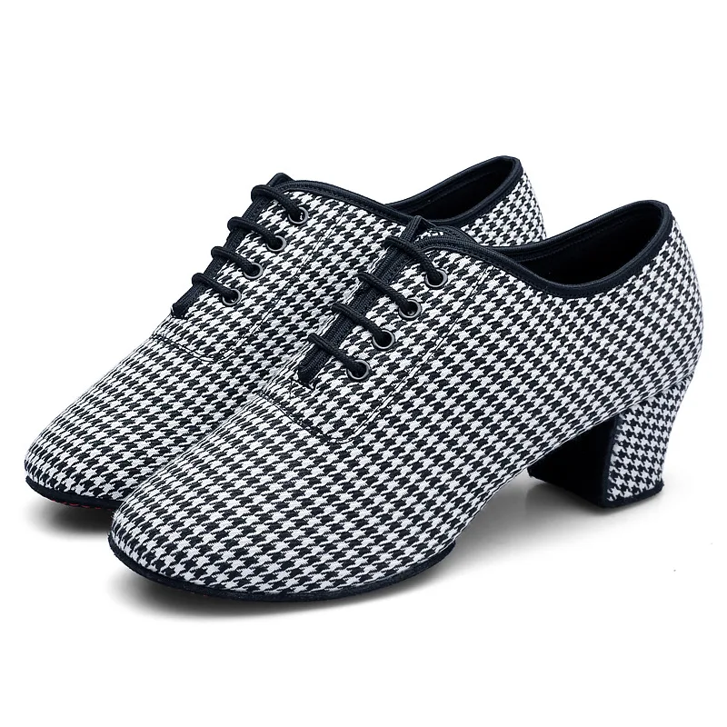 Fashion Houndstooth Women Latin Teacher Students Practice Salsa Ballroom Dance Shoes Street  Jazz Dance Shoes