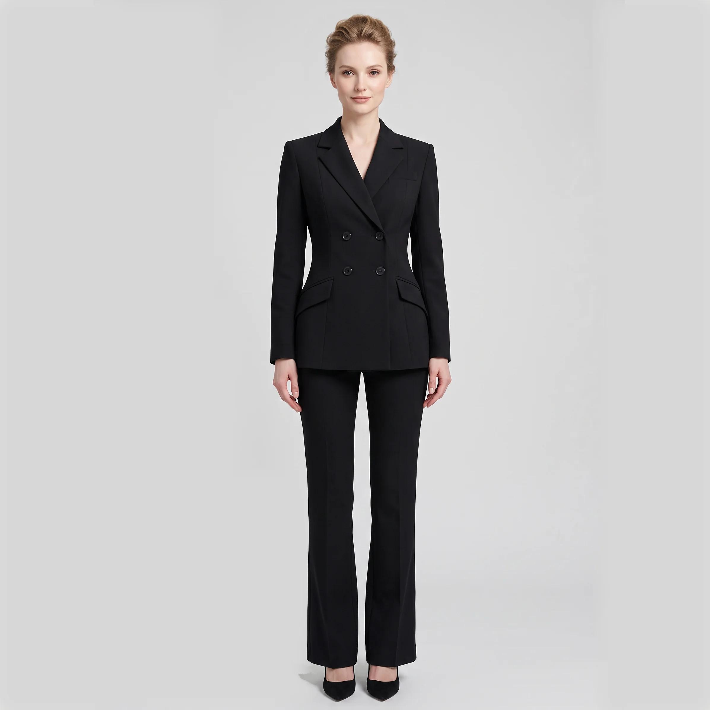 PUAL 2026 Black Peak Lapel Jacket, Double Breasted Waist Cinched Slim Fit Formal Business Outerwear for Women