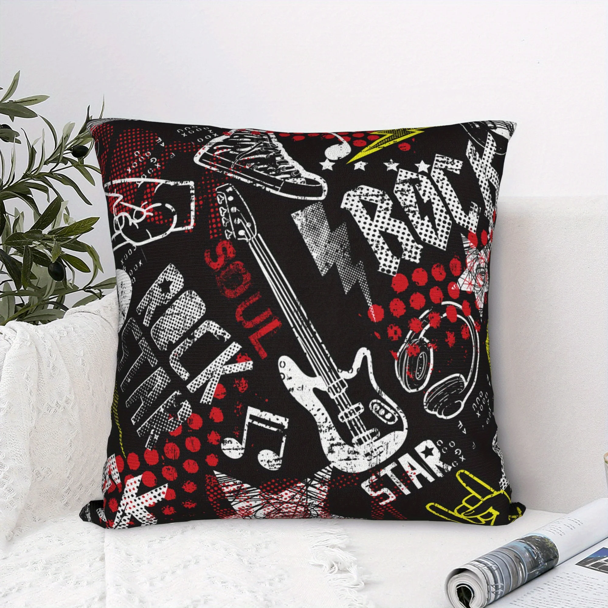 1pc Street Rock Music Graffiti Throw Pillow Cover, 2D Double-Sided Polyester Cushion Case, Cool Guitar Headphone Decor Pillow, G