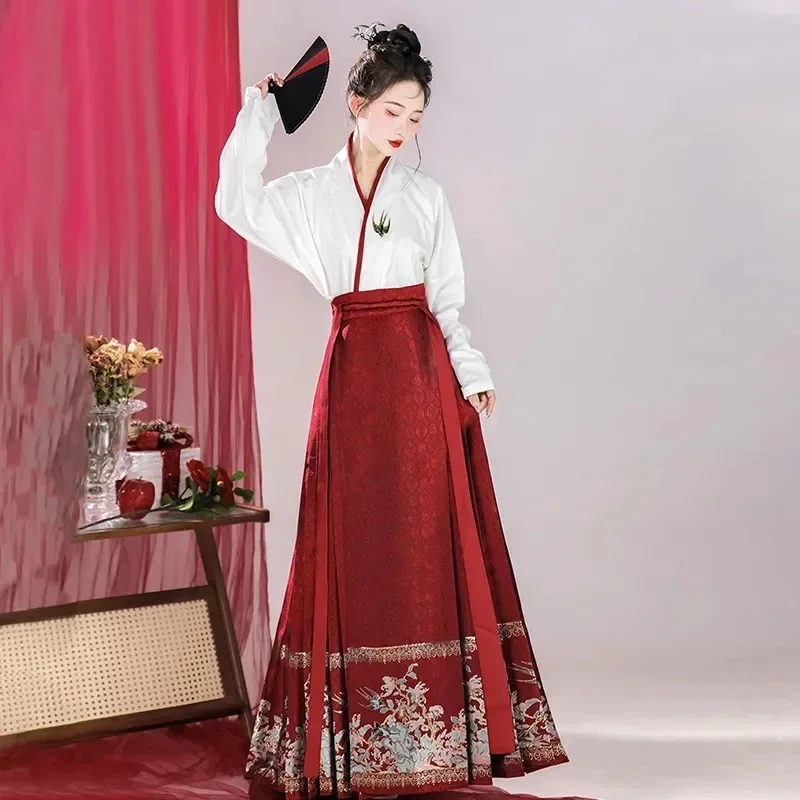 Ming Dynasty rok wajah kuda merah asli gaun Hanfu wanita gaya Tiongkok tradisional Set kemeja Vintage elegan 2 potong