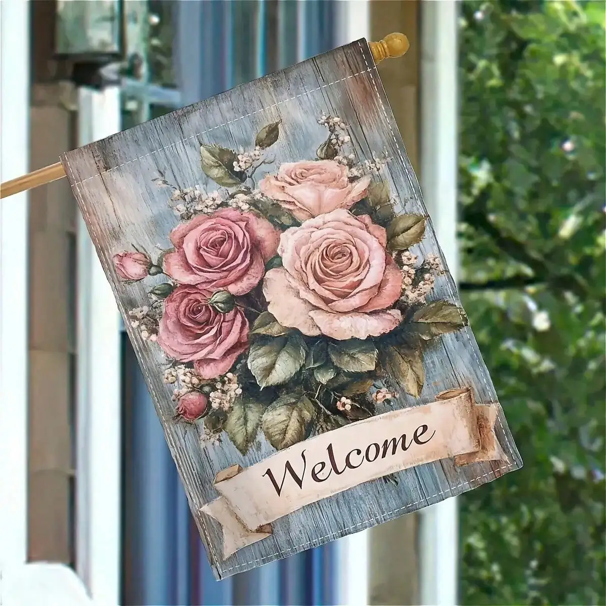 

2D Flat, 2D Printed Double Sided Summer Flowers Welcome Garden Flag - 28X40 inches, vibrant pink rose with green leaf design