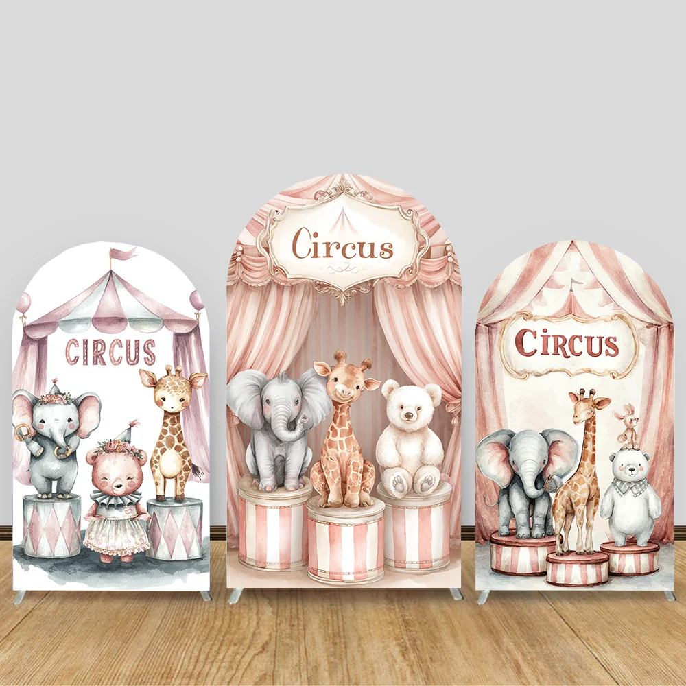 

Custom 2-Sided Pink Circus Carnival Animal Girl Birthday Party Baby Shower Cover Chiara Arch Background Decor Backdrop
