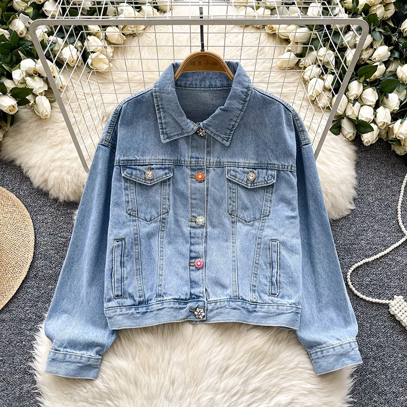 Y2k Fashion Tide Autumn Winter Denim Jacket Women's Sweet Single Breasted Diamond Female Denim Long Sleeve Jacket Coat