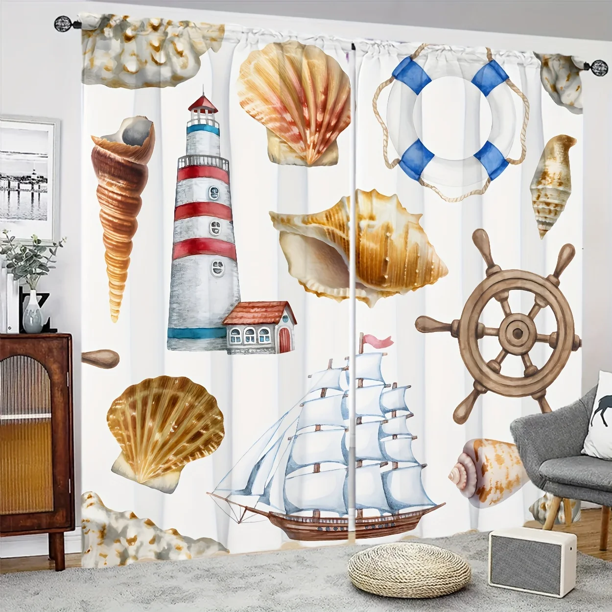 Nautical Sea Shell Curtain, Vintage Sailing Ship & Lighthouse Print Drape, Coastal Decor Window Treatment for Bathroom Living