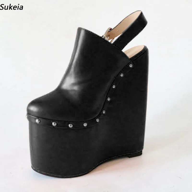 

Sukeia Handmade Women Platform Slingback Pumps Wedges High Heels Round Toe Beautiful Black Party Shoes Ladies US Plus Size 5-20