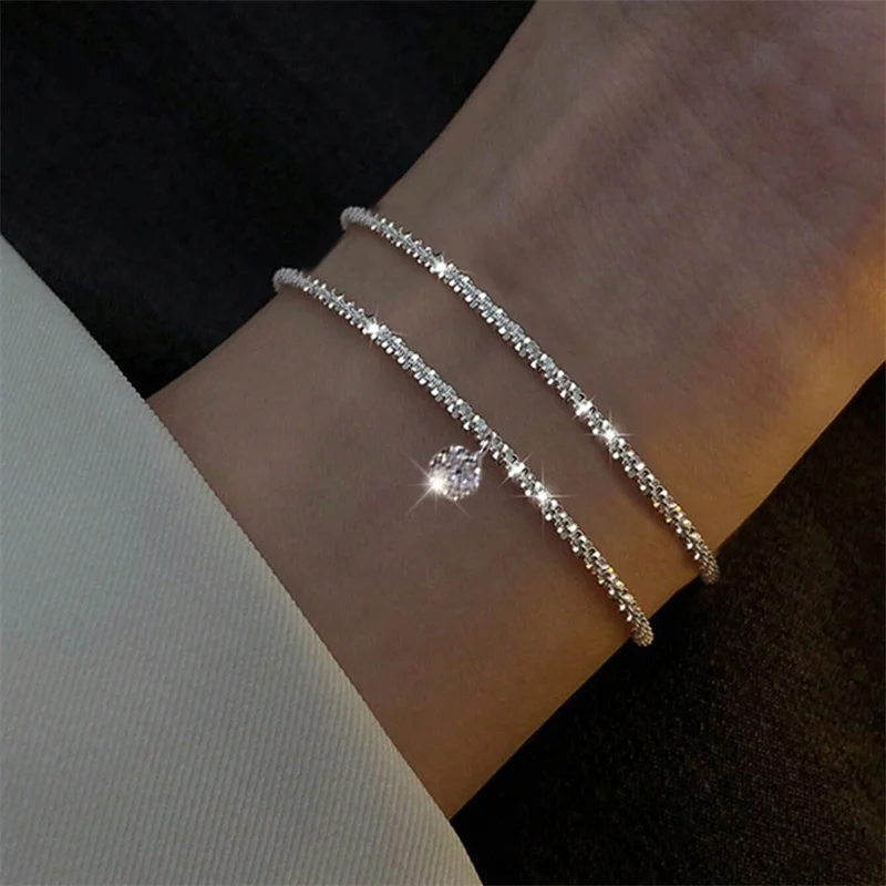 Sparkling Bracelet For Women Double-deck Silver Color Adjustable Hand Chain Fine Fashion Jewelry Wedding Party Gift Accessories