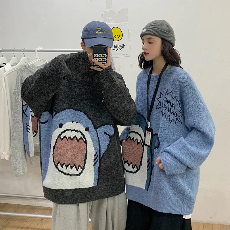 Sweter Pria Rajutan Hip Hop 2023 Sweter Pria Longgar Pakaian Jalan Kasual Longgar Kartun Mode Harajuku Sweter Kebesaran