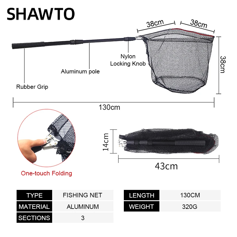 Shawto Portable Folding Fishing Landing Net 1.3m Stainless Steel Telescoping Foldable Hand Net Carp Fishing Accessories Tackle