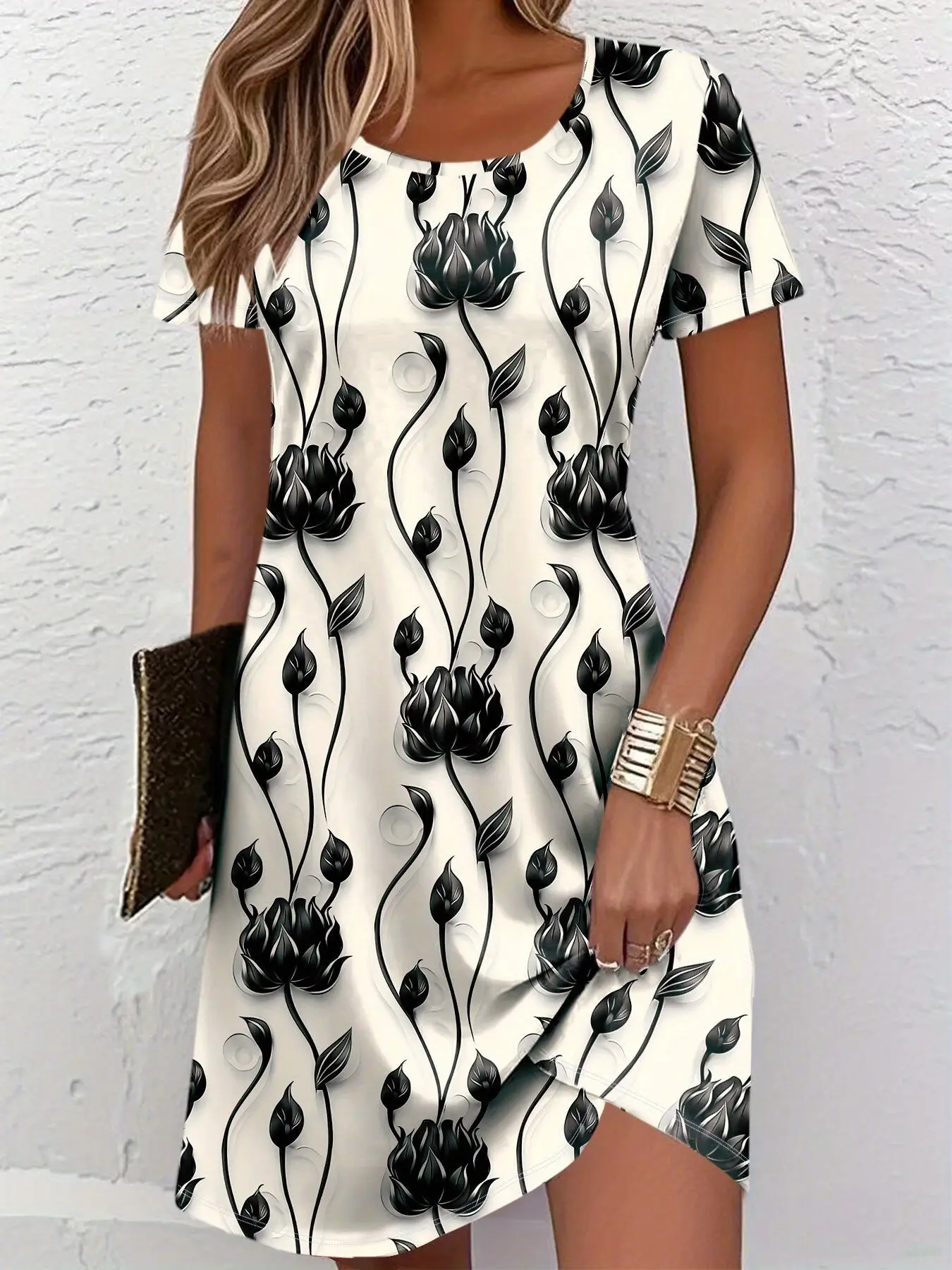 New Women Slim Summer 3D Print Floral Loose Vintage Sexy Elegant Dress Casual Party Midi Short Sleeve Dress