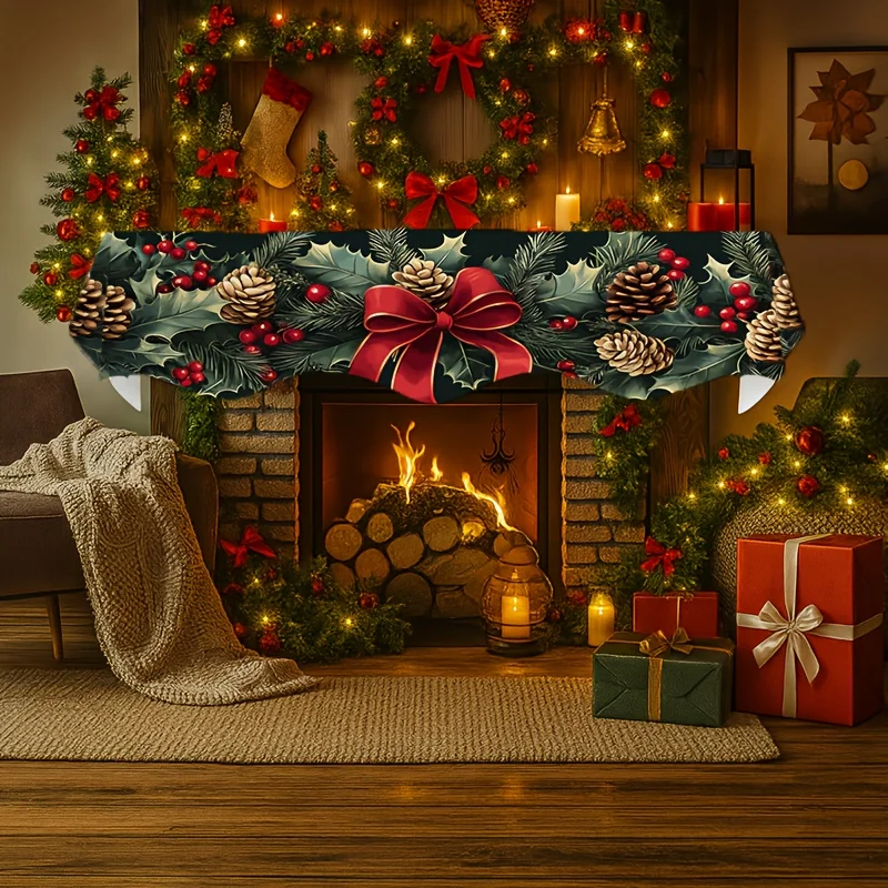VIKAMA Christmas Fireplace Mantel Scarf Holly Bow Berry Mantel Topper Xmas Fireplace Shelf Cover Holiday Indoor Home Decor