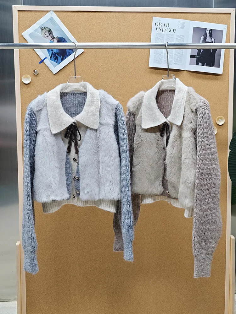 Women Autumn Real Natural Rabbit Fur Oversized Cardigan Spring Special Design Knitted Sweater Wear