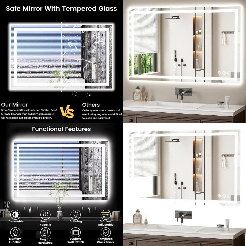 

48x30 LED-Illuminated Bathroom Mirror with Anti-Fog, Backlit & Front Light, Wall-Mounted Vanity Mirror, Memory Function, Dimmabl