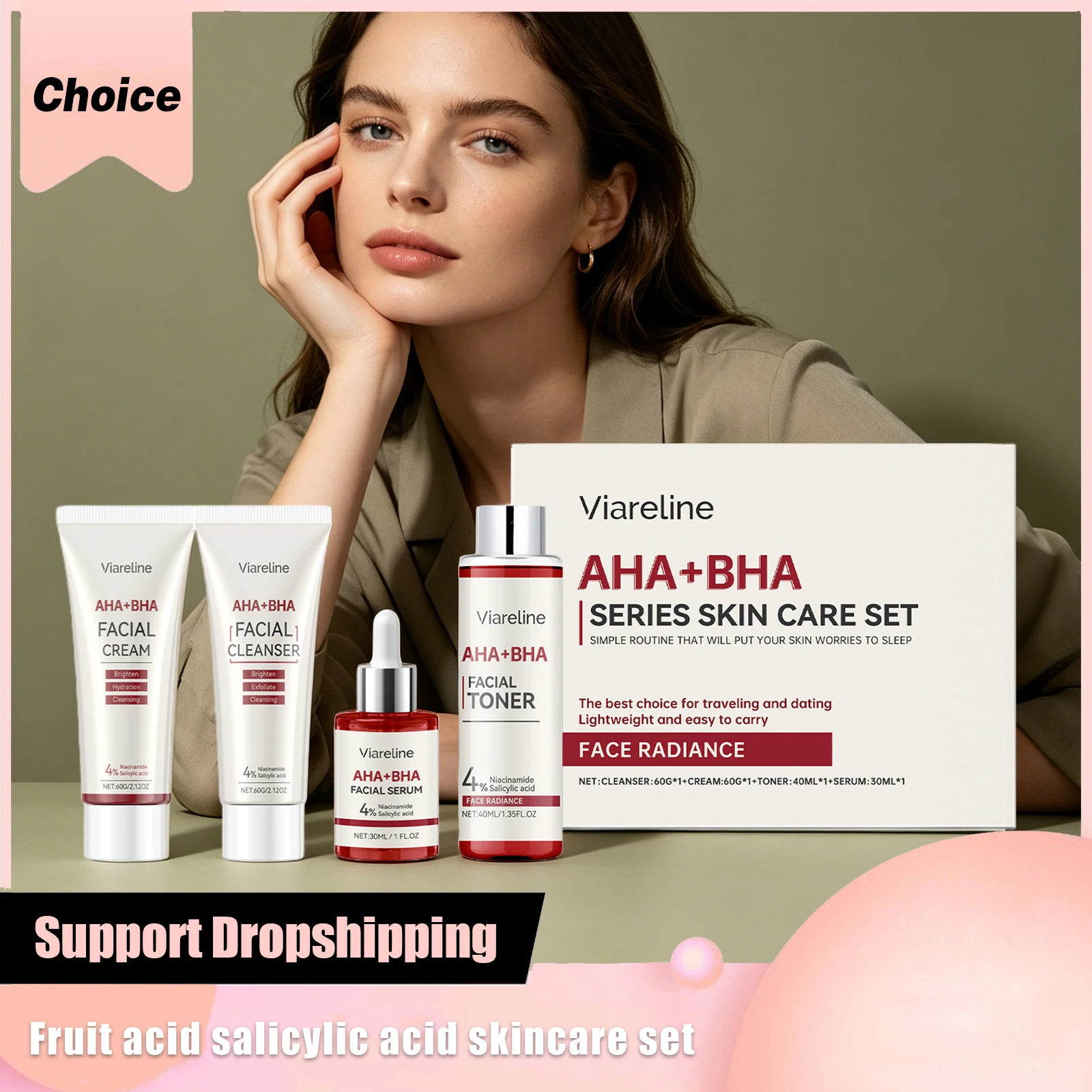 Salicylic Acid AHA BHA Series Skin Care Kit Facial Cleanser Cream Serum Toner Moisturizer Shrink Pore Smooth Skin Acne Treatment