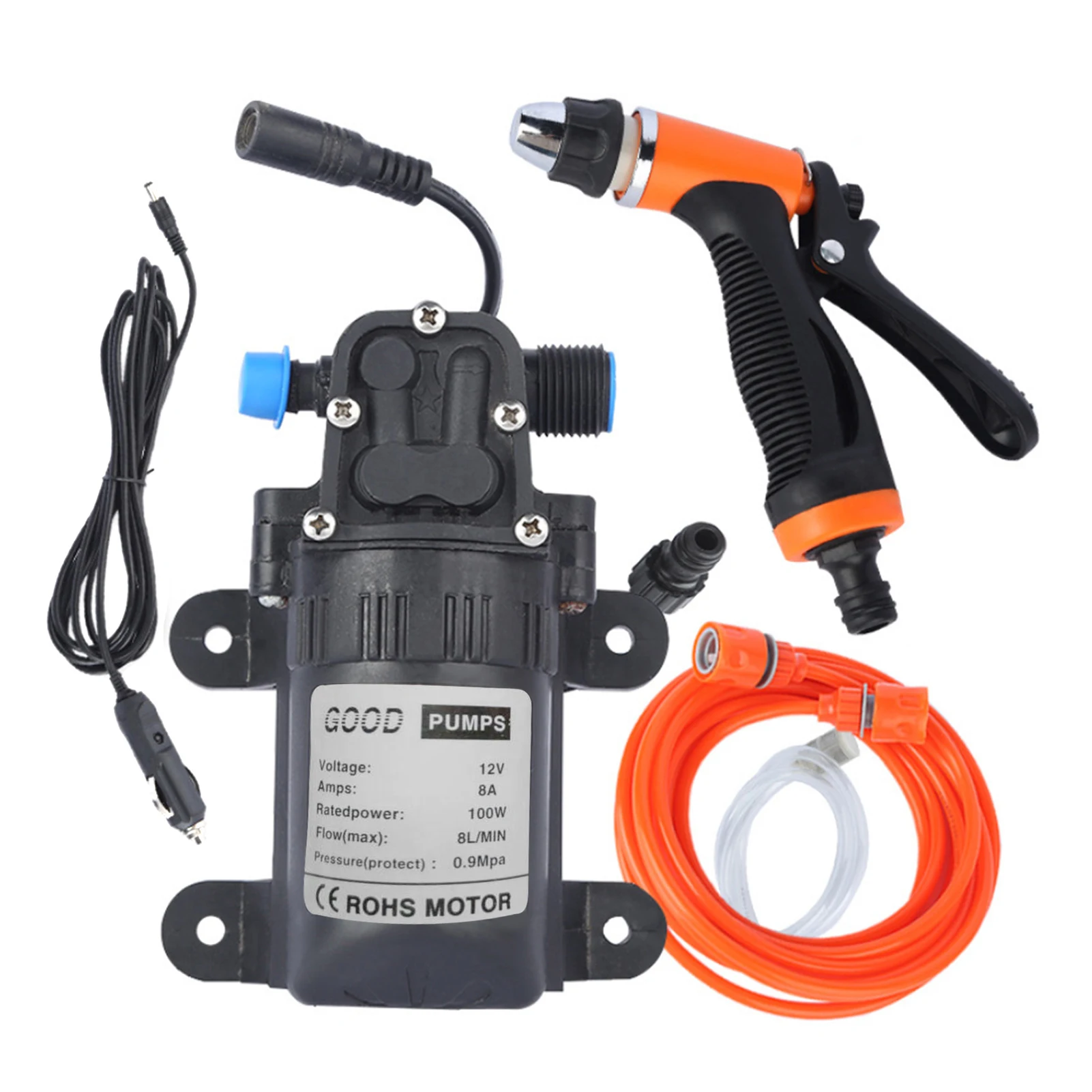 High Pressure Car Washing Machine Kit 12V Electric Pump + Wash Sprayer 2 Modes + Power Cable + Hoses