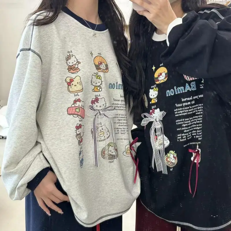 

Толстовка с капюшоном с рисунком аниме Sanrio Hello Kitty, весна-осень, новый женский свободный топ средней длины, модная повседневная футболка, подарок для девочек