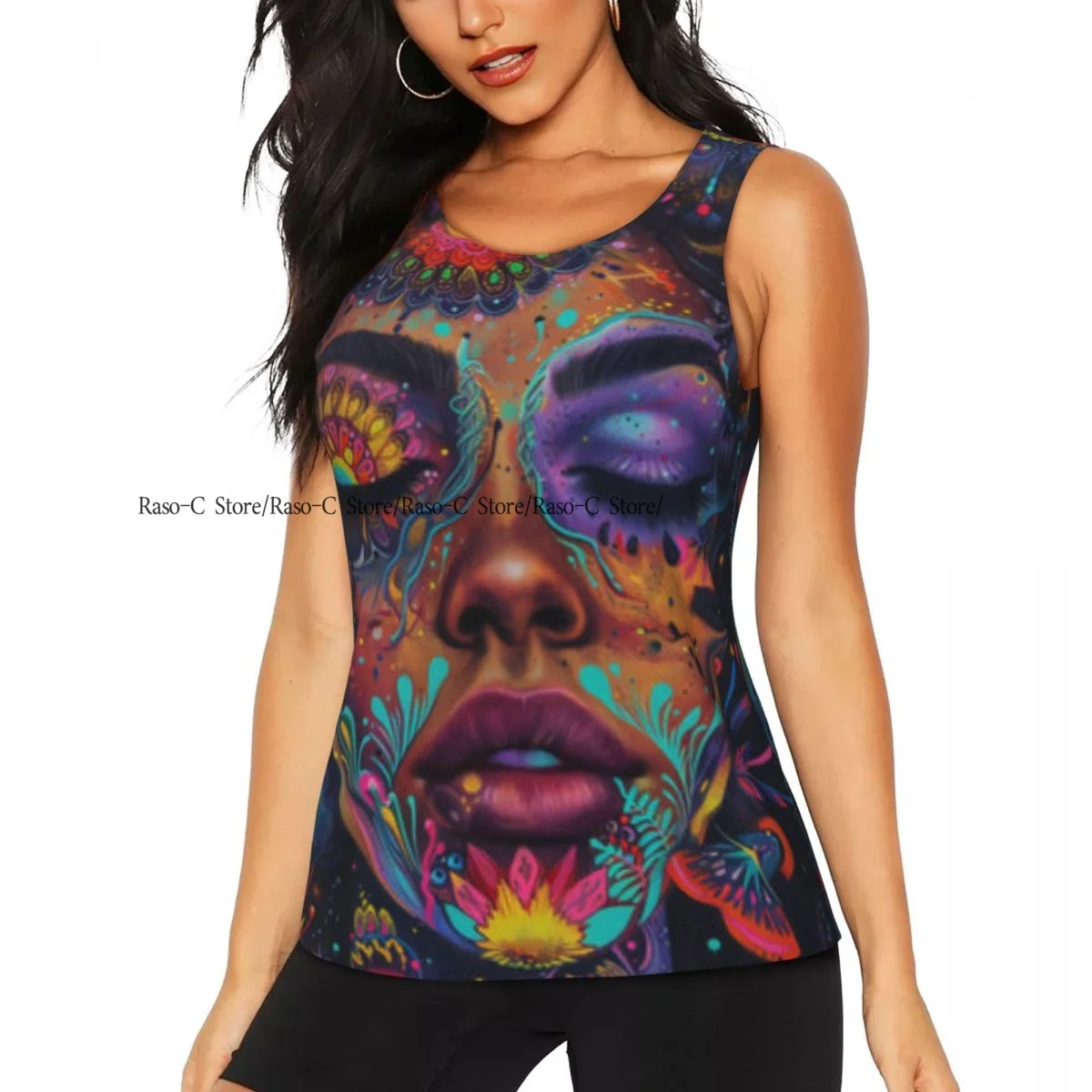 

Women's Workout Tank Tops Quick Dry Sleeveless Athletic Shirts Portrait Of Woman With Multicolored Make Up Gym Yoga Tops