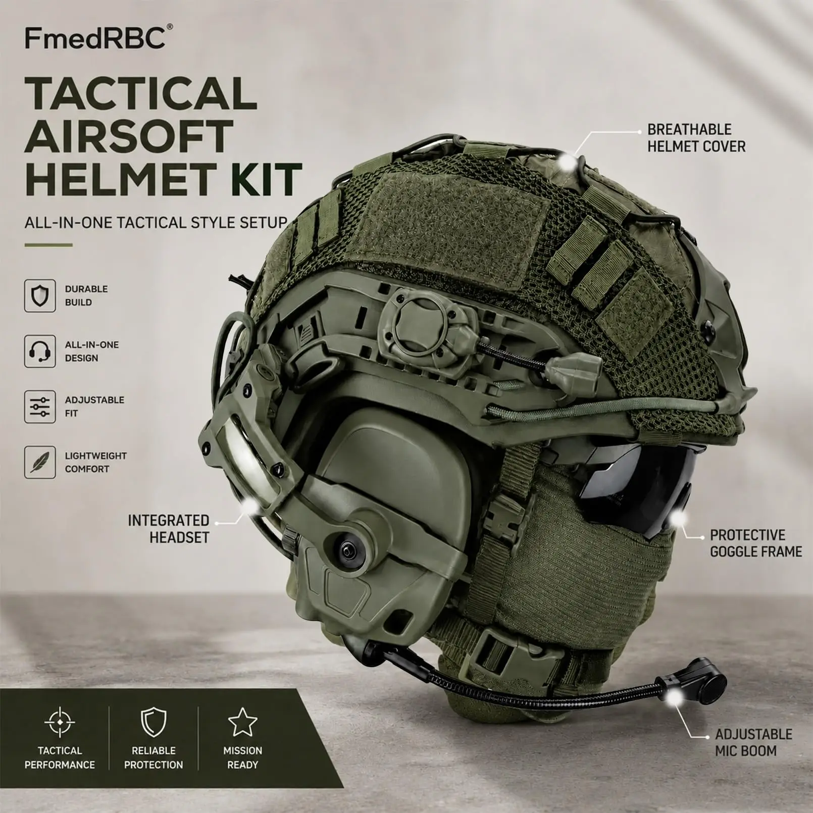 Airsoft Tactical Helmet Set with NVG Model Communication Headset, Paintball Shooting Protective Gear for Role Play Movie Props
