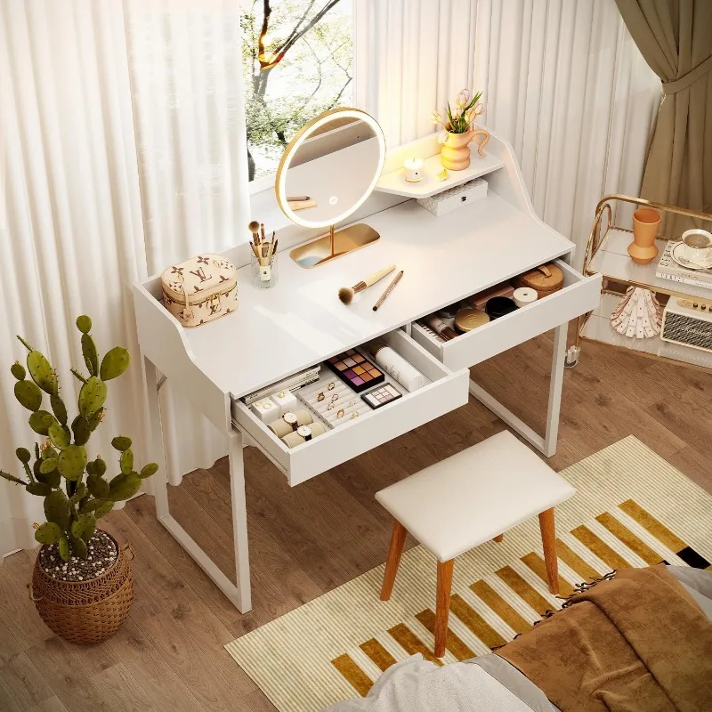 Vanity Desk met 2 lades, 40 inch computer thuiskantoor, modern make-up kaptafel, studeerwerktafel, wit