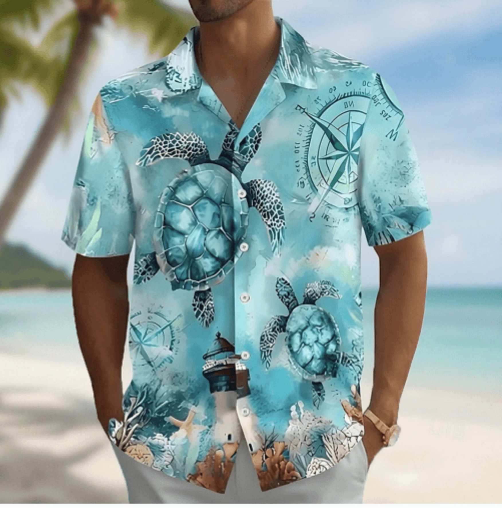 

Men's Ocean Turtle Compass Lighthouse Print Short Sleeve Shirt, Summer Nautical Hawaiian Vacation Blouse, Loose Casual Top