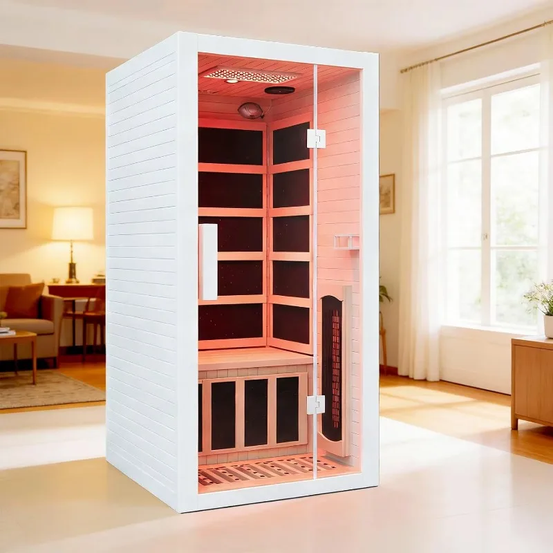 White 1-Person Infrared Sauna Heater, Home Dry Sauna Heater with Red Light Therapy, 7 Heating Plates, WiFi App Control