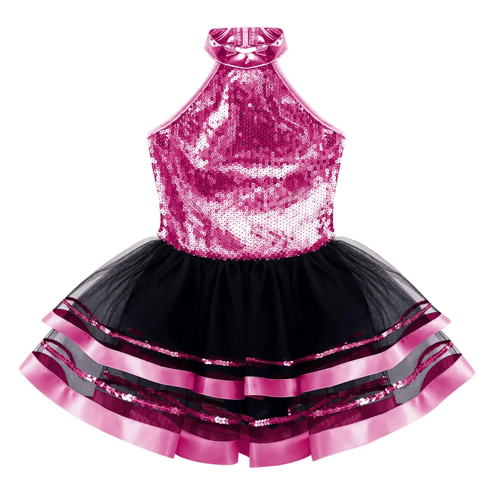 Kids Girls Glitter Sequins Halter Ballet Dance Tutu Dress Gymnastics Leotard Modern Latin Jazz Gymnastics Ballerina Dancewear