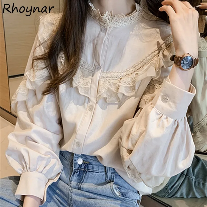 Camisas femininas primavera doce meninas rendas retro retalhos fungo lado projetado temperamento elegante suave estilo coreano na moda diariamente