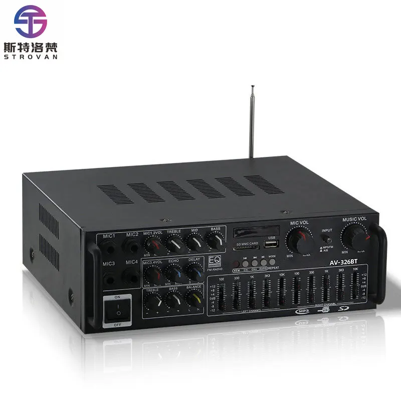 

326BT Sound Digital Amplifier Independent Control Equalizer 4 Way Mic 2 Channel HIFi FM USB Audio Amp