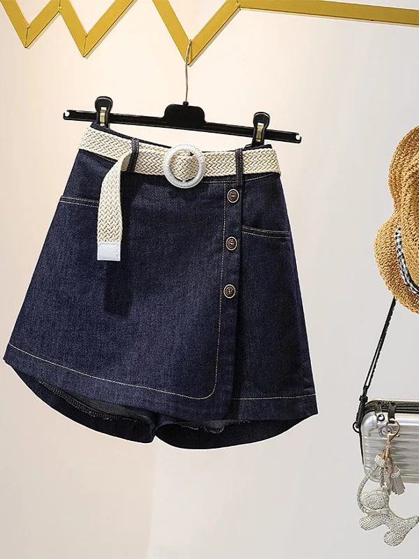 

High Waist A-Line Denim Shorts Skirt with Belt Commute Style Korean Loose Fit Polyester Fiber Casual Spring Summer