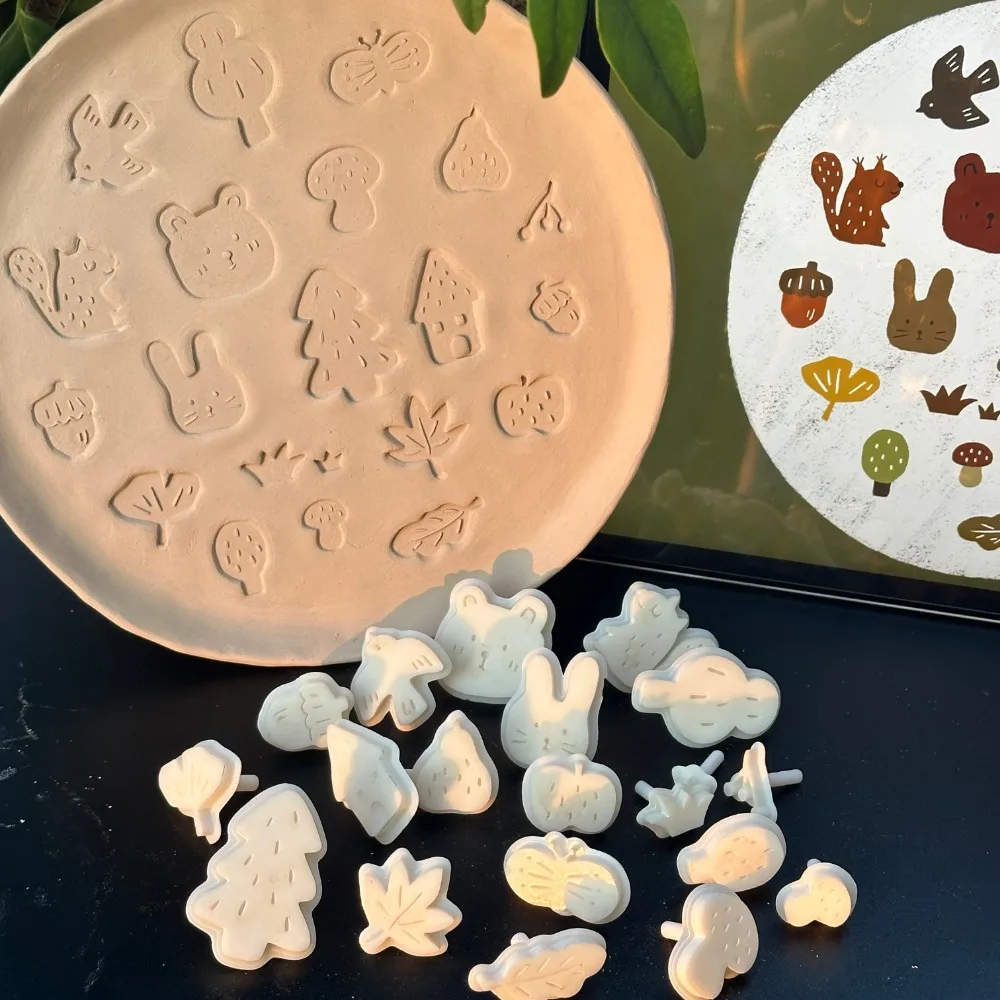Autumn Forest Theme Clay Seal Stamp Mold, Handmade Ceramic Animals Plants Butterflies DIY Pottery Polymer Clay Stamping Tool