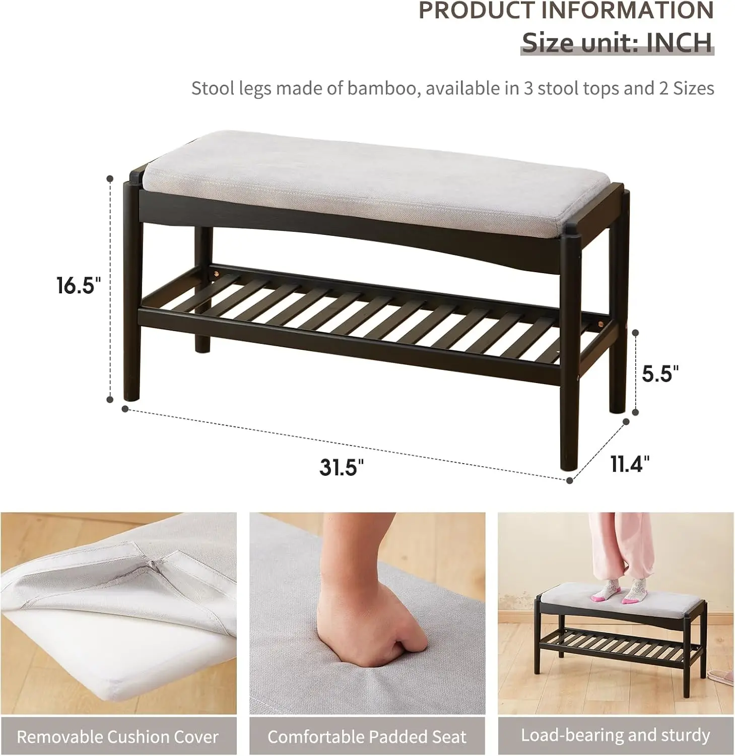 

Shoe Bench Entryway Bamboo 2-Tier Shoe Rack with Cushion Padded Seat Shoe Bench Organizer Stable for Hallway, Living Room