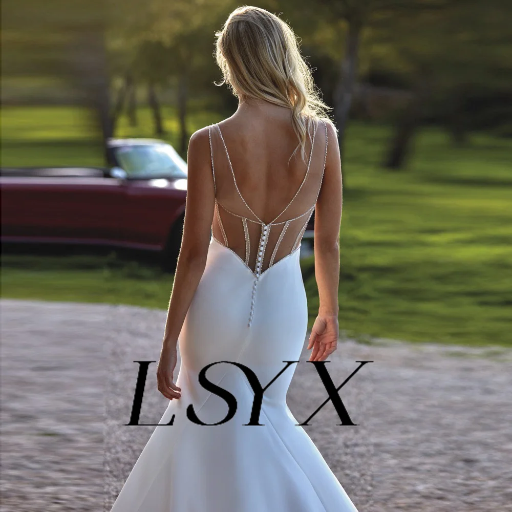 LSYX Simple Sweetheart Sleeveless Crepe Mermaid Wedding Dress For Women Illusion Back Sexy Floor Length Bridal Gown