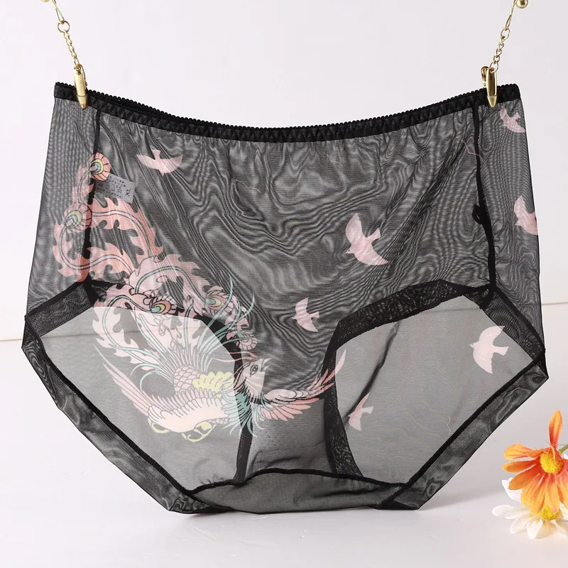 3PCS/Set Panties for Women Chinese Style Printed Sexy Net Soft Lingeries Briefs Plus Size 5XL Thin Transparent Underwears