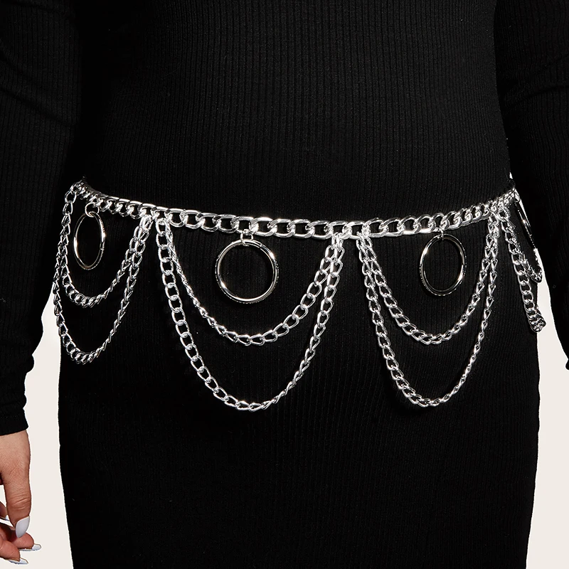 

Fashion Clothing Decorative Accessories Large Size Belt Metal Double Layer Round Hole Silver Waist Chain For Women Party Dress