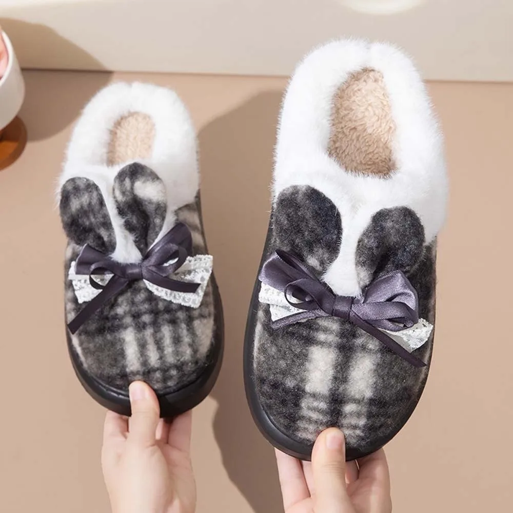 

Мягкие хлопковые тапочки в клетку с заячьими ушками, пушистые шлепанцы с бантом, зимние теплые тапочки, Нескользящая теплая домашняя хлопковая обувь с героями мультфильмов