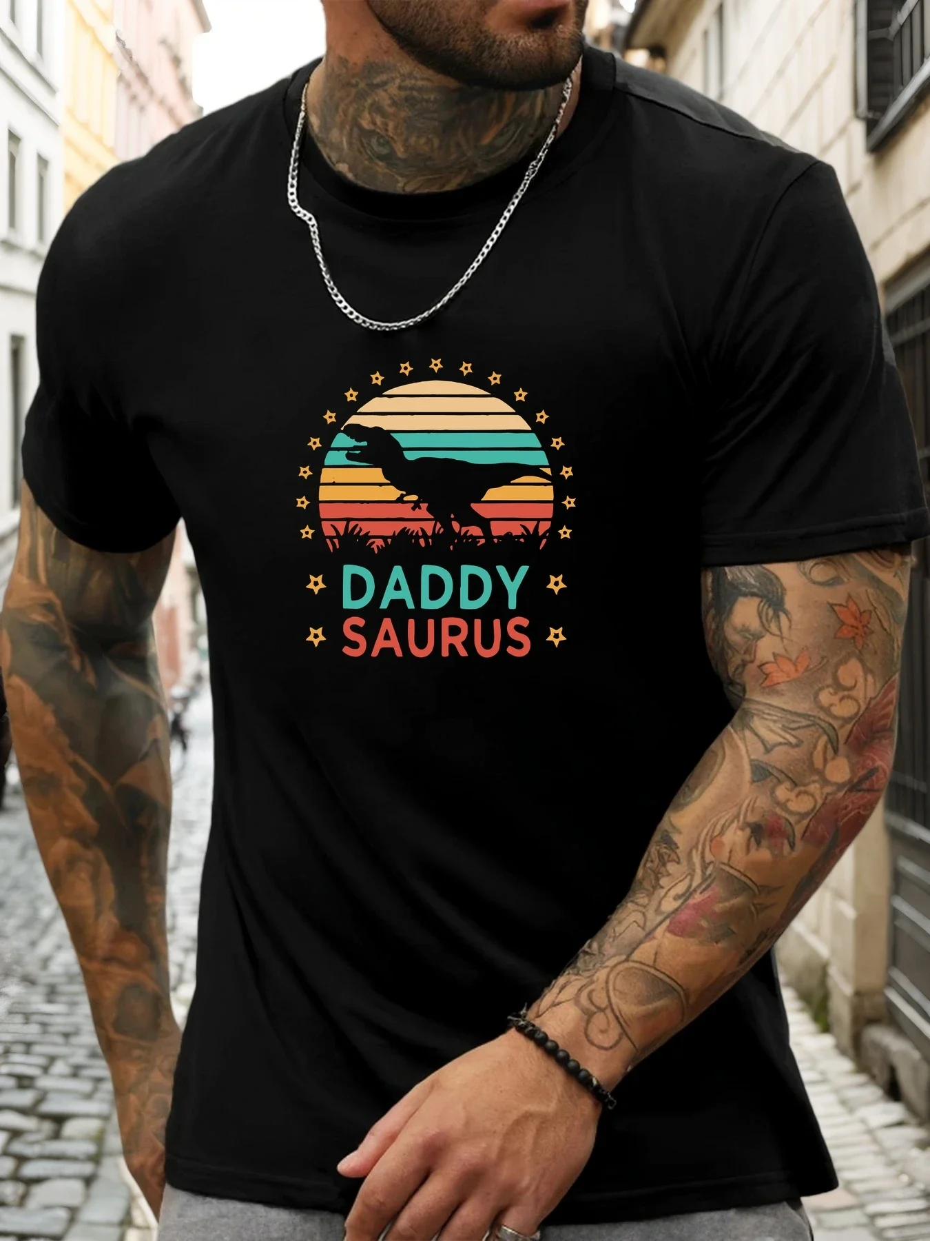Men Black Crew Neck Tee Retro Striped Sunset T Rex Dinosaur Silhouette Daddy Saurus Star Border Father Gift Soft Cotton Male Top