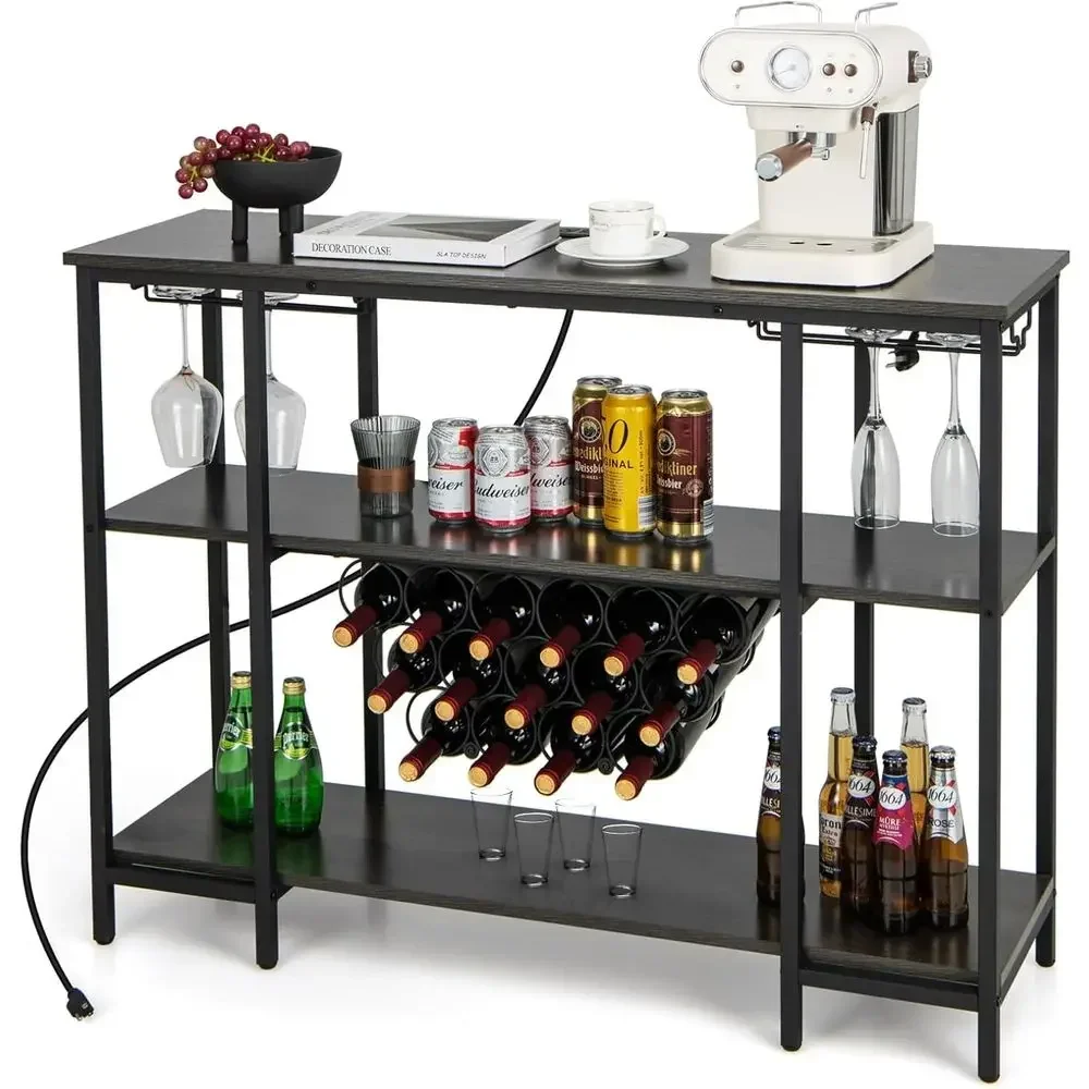 Gray Kitchen Bakers Rack with 2 Wine Glass Holders, 15 Bottle Storage, Charging Station for Dining Room