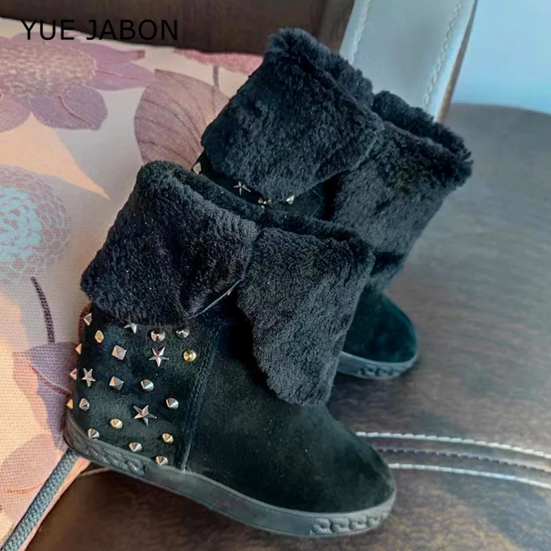 

Women's Boots 2026 Cow Suede Stars Rivets Buckle Strap Warm Fuzzy Fur Ankle Boots Casual Daily Round Toe Height Increasing Boots