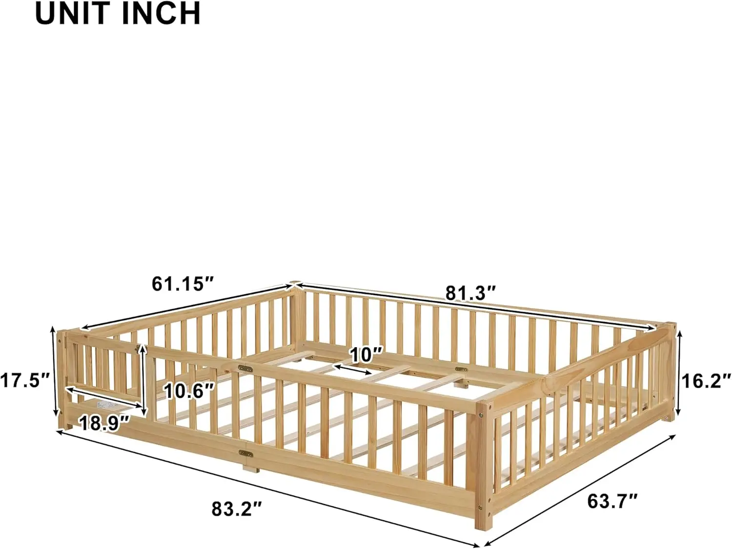 Lit Queen Size avec porte, lit au sol Montessori pour enfants avec lamelles et clôture, cadre de lit Queen en bois massif pour filles et garçons (Queen,Na)