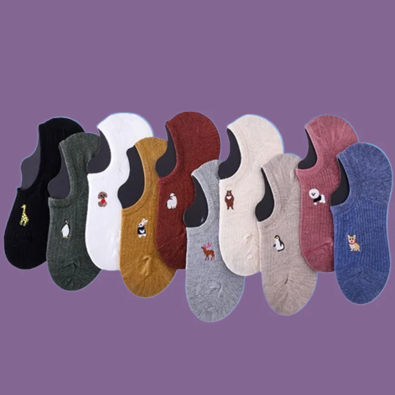 

5/10 Pairs Women's High Quality Animal Short Socks Low Cut Breathable Shallow Mouth Socks Silicone Non-slip Women's Boat Socks