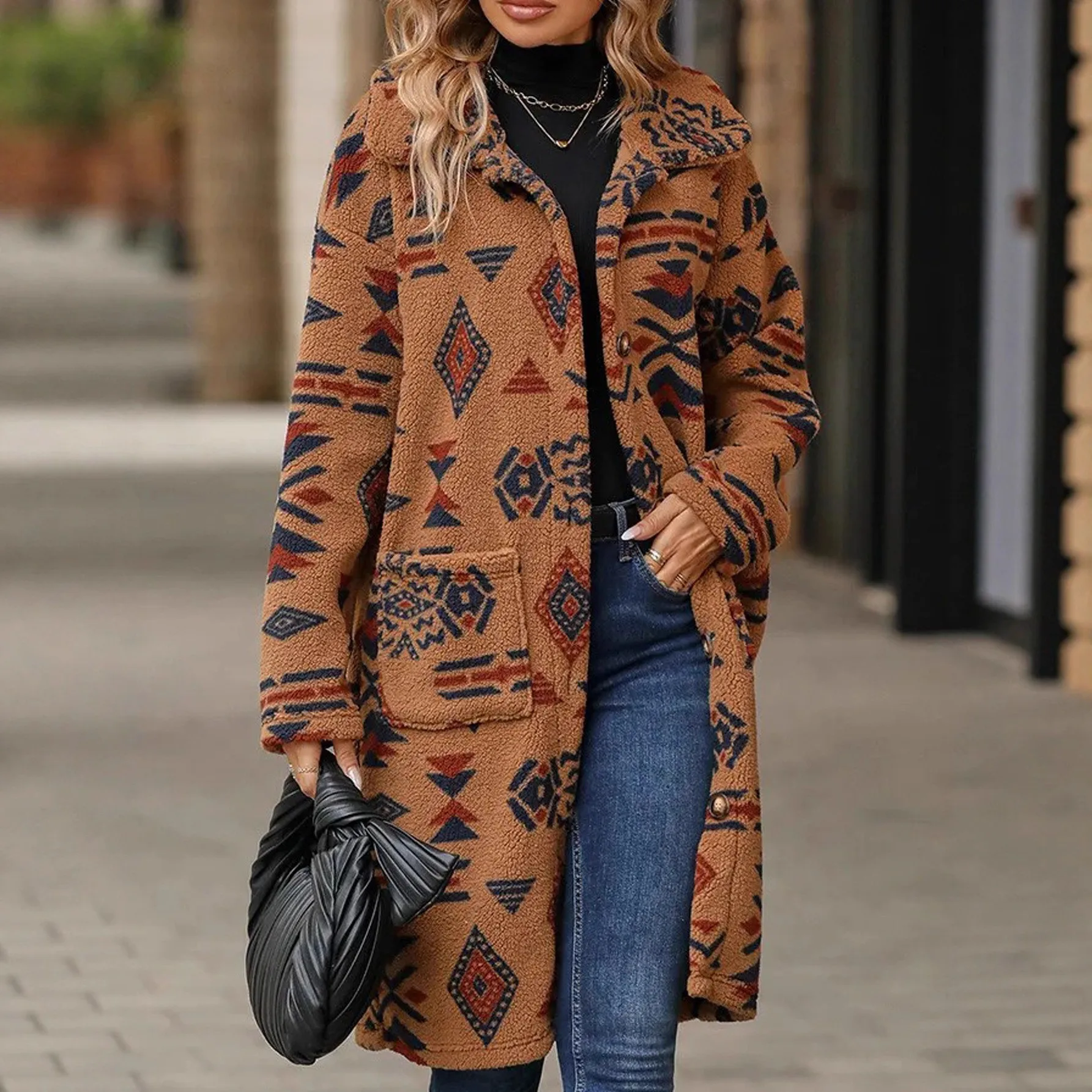 Long Sleeve Turn Down Collar Coats Regular Fit Ethnic Style with Pockets Lapel Collar Literary Retro Printed Pattern Women Coat