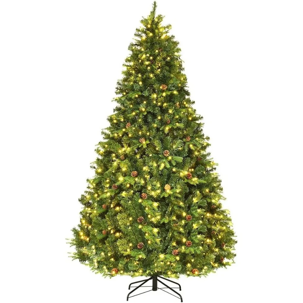 

8 FT Pre-lit Christmas Tree with 600 LED Lights, 1335 Branches, Metal Stand, Realistic Green Xmas Tree with Pine Cone