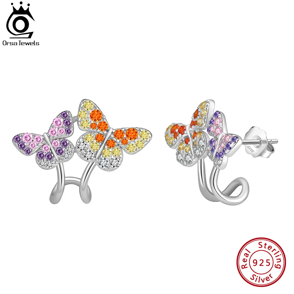 ORSA JEWELS 925 Sterling Silver Multi-Colors Earrings with Butterfly CZ for Women's Anniversary Ear Stud Fine Jewelry EQE118