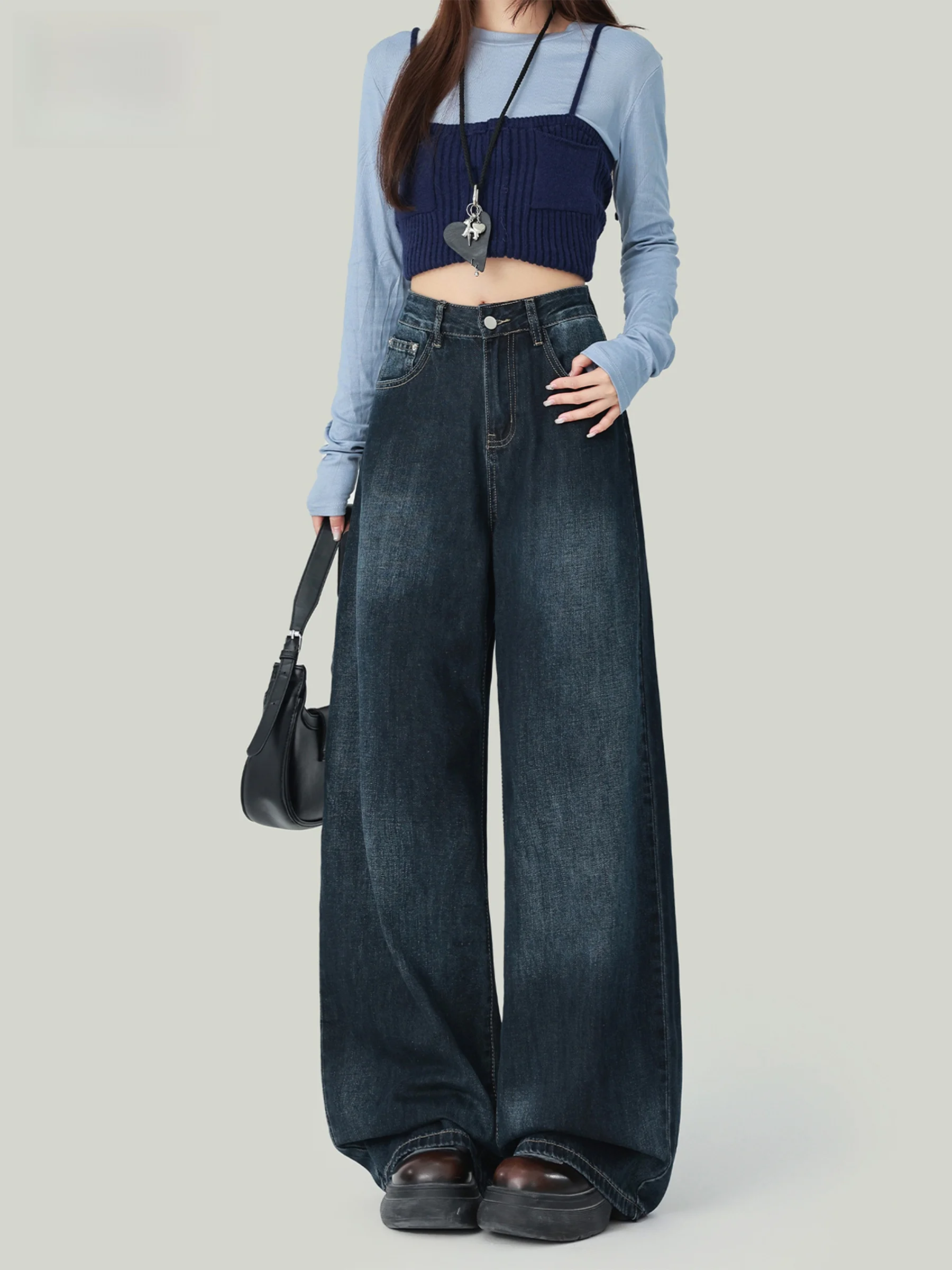 

Американские винтажные джинсы с высокой талией и широкими штанинами, женские, темно-синие, осенняя новинка, прямые, свободные, стройнящие, в пол