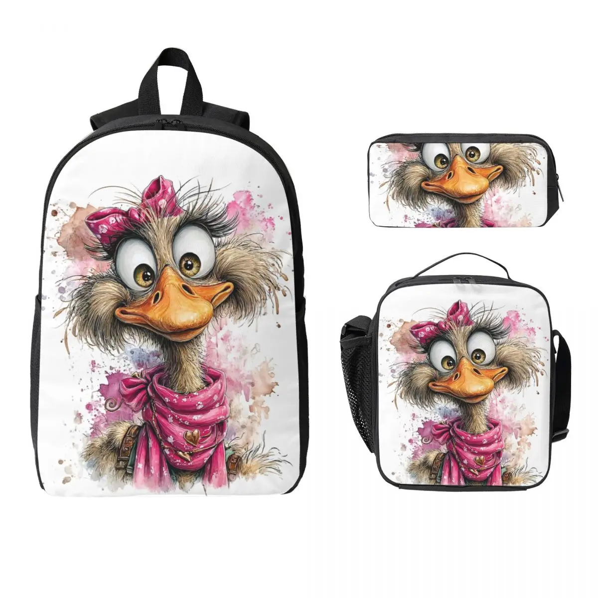 Cartoon Ostrich And Feathers Backpack Boys Girls BookBag School Bag Laptop Shoulder Bags 3ps Insulated Lunch Bag Pencil Case