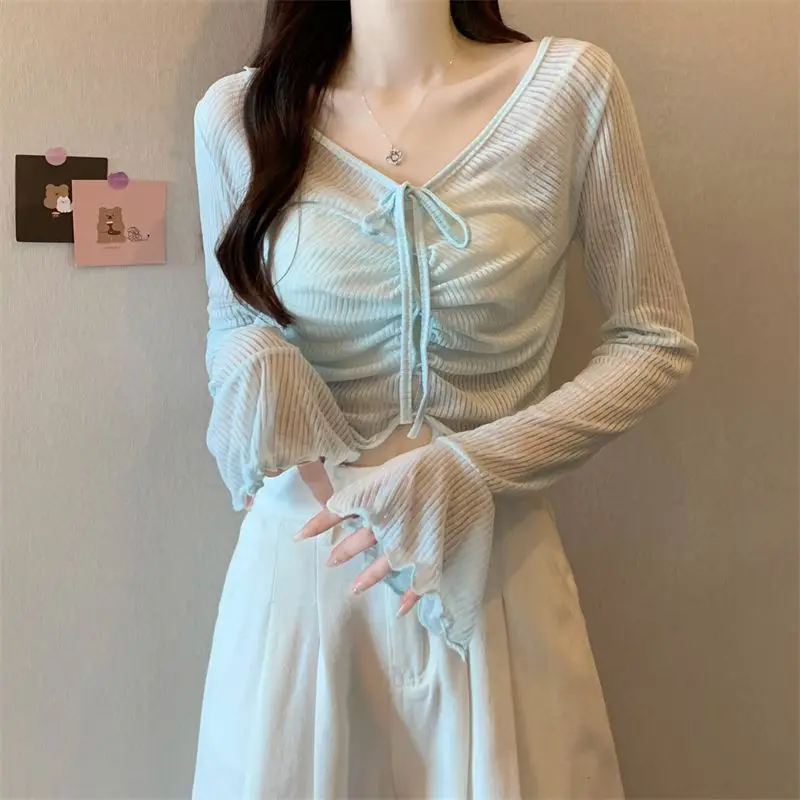 Casual Tie Detail Slim Fit Long Sleeve Knit Top Bell Sleeve Cardigan