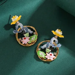 China-Chic Style Enamel Colored Glaze Lotus Leaf Flower Small Green Dragon Earring Necklace Ring Bangle Bracelet Zodiac Jewelry