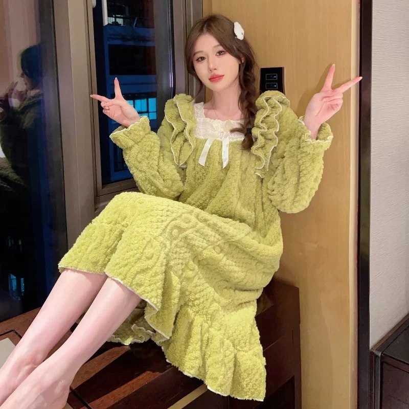 

Зима 2024, милые принцессы больших размеров, толстые теплые фланелевые ночные рубашки с длинными рукавами для женщин, одежда для сна, ночное платье, ночная рубашка, ночная рубашка